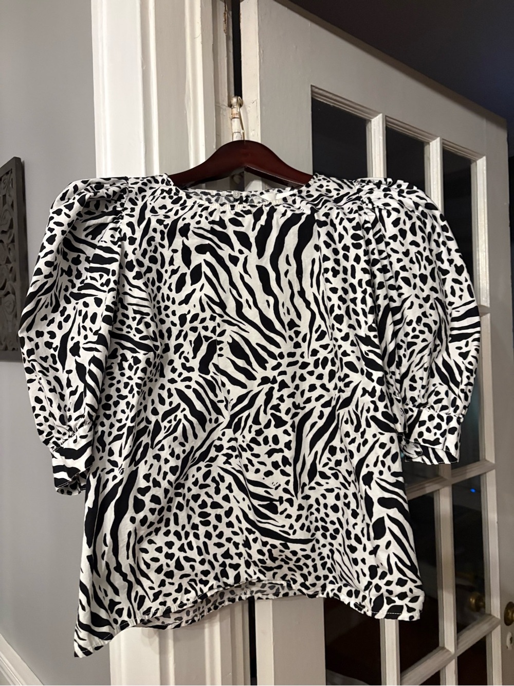 H&M Black and White Animal-Print Puff-Sleeve Blouse